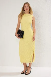 TRENDYOLMİLLA Light Yellow Lace bodycon Low-cut back Flexible Knitting Dress