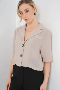 Bigdart 0706 Crop Linen Jacket - Beige - Image 3