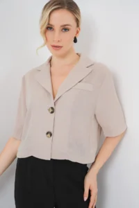 Bigdart 0706 Crop Linen Jacket - Beige - Image 4
