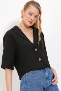 Bigdart Women's Black Double Buttoned Oversize Crop Linen Jacket 0706 - Image 2