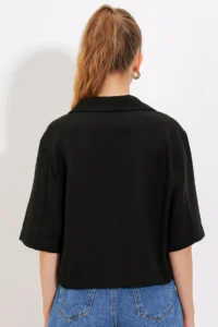 Bigdart Women's Black Double Buttoned Oversize Crop Linen Jacket 0706 - Image 4