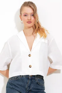 Bigdart Women's White Double Buttoned Oversize Crop Linen Jacket 0706