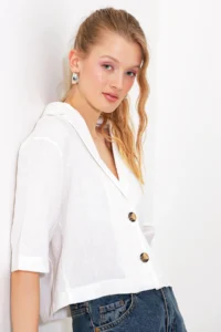 Bigdart Women's White Double Buttoned Oversize Crop Linen Jacket 0706 - Image 2