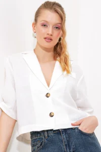 Bigdart Women's White Double Buttoned Oversize Crop Linen Jacket 0706 - Image 3