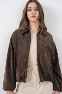 Bigdart Women's Gathered Oversize Velvet Jacket 0733 - Brown - Image 2
