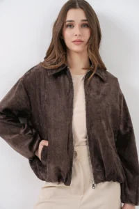 Bigdart Women's Gathered Oversize Velvet Jacket 0733 - Brown - Image 3