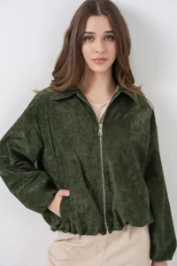 Bigdart Women Shirred Oversized Velvet Jacket 0733 - Khaki
