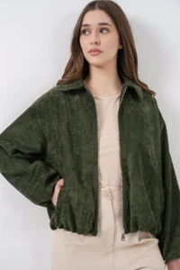 Bigdart Women Shirred Oversized Velvet Jacket 0733 - Khaki - Image 3