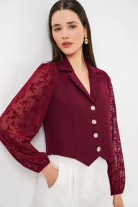 Bigdart Women Patterned Short Jacket 0751 - Burgundy