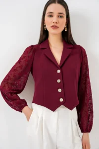 Bigdart Women Patterned Short Jacket 0751 - Burgundy - Image 3