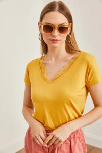 Olalook Women's Mustard Collar Lace Casual Viscose Blouse - Image 4