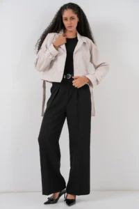 Bigdart Women Arched Faux Leather Jacket 1046 - Ecru - Image 2
