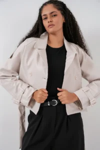 Bigdart Women Arched Faux Leather Jacket 1046 - Ecru - Image 3