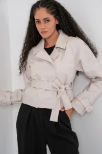 Bigdart Women Arched Faux Leather Jacket 1046 - Ecru - Image 4