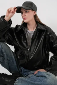 Bigdart Women Oversized Faux Leather Jacket 1049 - Black