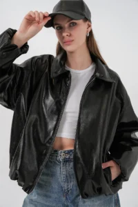 Bigdart Women Oversized Faux Leather Jacket 1049 - Black - Image 2