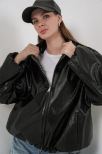 Bigdart Women Oversized Faux Leather Jacket 1049 - Black - Image 4