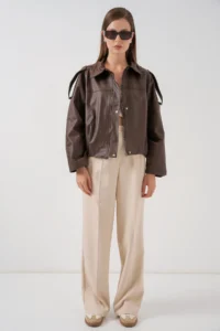 Bigdart Women Oversized Leather Jacket 1055 - Brown - Image 2
