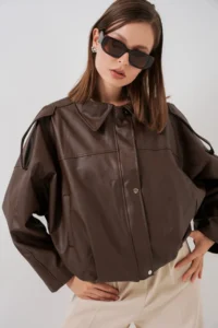 Bigdart Women Oversized Leather Jacket 1055 - Brown - Image 3