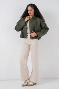 Bigdart Women Oversized Leather Jacket 1055 - Khaki - Image 2