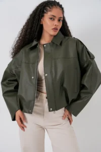 Bigdart Women Oversized Leather Jacket 1055 - Khaki - Image 3