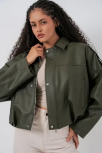 Bigdart Women Oversized Leather Jacket 1055 - Khaki - Image 4