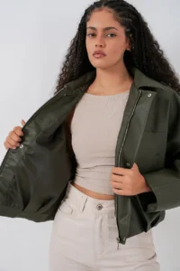 Bigdart Women Oversized Leather Jacket 1055 - Khaki - Image 5
