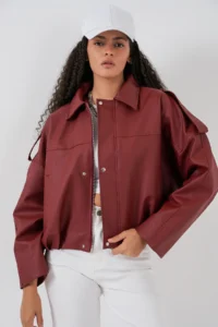 Bigdart Women Oversized Leather Jacket 1055 - Brick Red - Image 4