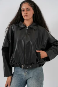 Bigdart Women Belt Detailed Leather Jacket 1056 - Black