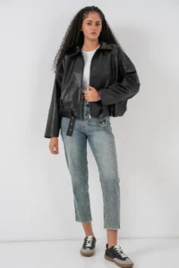 Bigdart Women Belt Detailed Leather Jacket 1056 - Black - Image 2