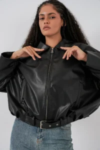 Bigdart Women Belt Detailed Leather Jacket 1056 - Black - Image 3