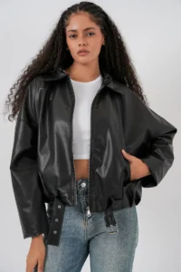 Bigdart Women Belt Detailed Leather Jacket 1056 - Black - Image 4