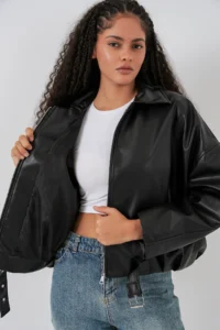 Bigdart Women Belt Detailed Leather Jacket 1056 - Black - Image 5