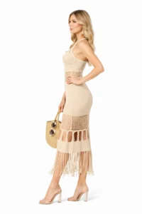 KAREL BUTİK Cream Boyundan Sleeveless Pareo LONG Beach Dress - Image 2