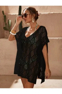moda mh Premium Knitwear Knitted Diamond Patterned V-Neck Beach Dress
