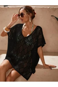 moda mh Premium Knitwear Knitted Diamond Patterned V-Neck Beach Dress - Image 3