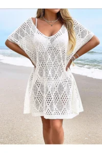 moda mh Premium Knitwear Knitted Diamond Patterned V-Neck Beach Dress - Image 3