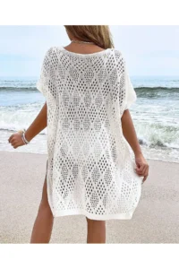 moda mh Premium Knitwear Knitted Diamond Patterned V-Neck Beach Dress - Image 4