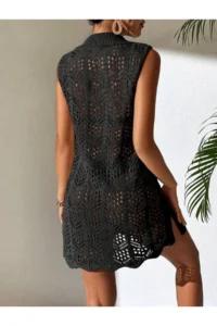 moda mh Openwork Pattern Shirt Collar Sleeveless Buttoned Model Bikini Top Comfortable Fit Knitwear Beach Dress - Image 4