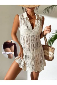 moda mh Openwork Pattern Shirt Collar Sleeveless Buttoned Model Bikini Top Comfortable Fit Knitwear Beach Dress