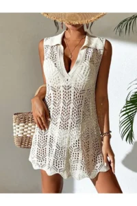 moda mh Openwork Pattern Shirt Collar Sleeveless Buttoned Model Bikini Top Comfortable Fit Knitwear Beach Dress - Image 2