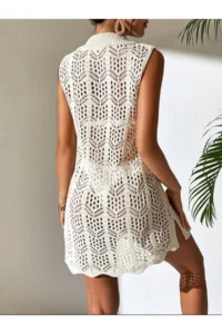moda mh Openwork Pattern Shirt Collar Sleeveless Buttoned Model Bikini Top Comfortable Fit Knitwear Beach Dress - Image 4