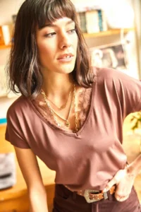 Olalook Women's Bitter Brown Collar Lace Casual Viscose Blouse - Image 5