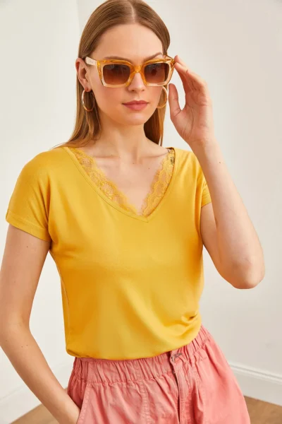 Olalook Women's Mustard Collar Lace Casual Viscose Blouse