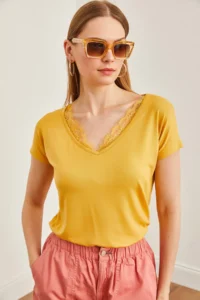 Olalook Women's Mustard Collar Lace Casual Viscose Blouse - Image 2