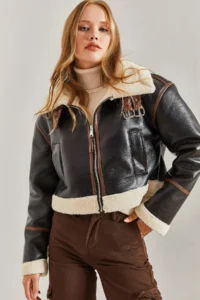 Bianco Lucci Women's Collar Arched Laminated Jacket 2289
