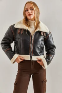Bianco Lucci Women's Collar Arched Laminated Jacket 2289 - Image 2