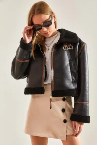 Bianco Lucci Women's Collar Arched Laminated Jacket 2289