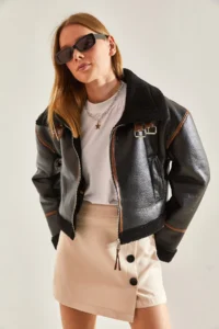Bianco Lucci Women's Collar Arched Laminated Jacket 2289 - Image 2