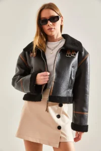 Bianco Lucci Women's Collar Arched Laminated Jacket 2289 - Image 4